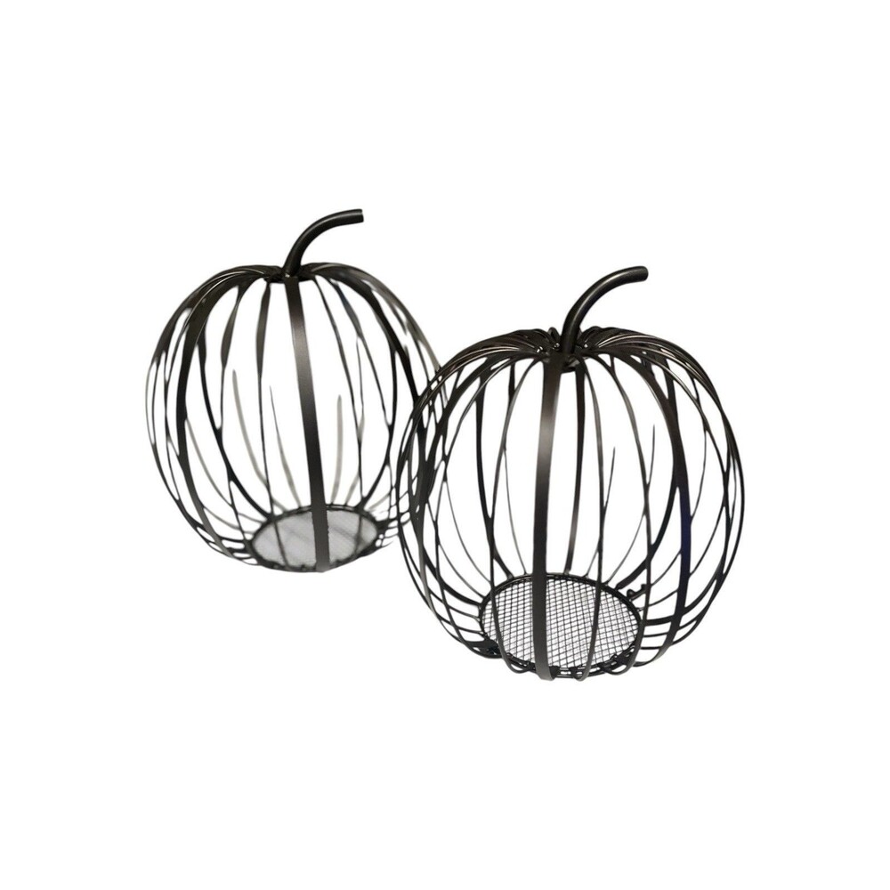 Set of 2 Black Metal Pumpkin Decor Sculptures Large 11.5” & Small 10”